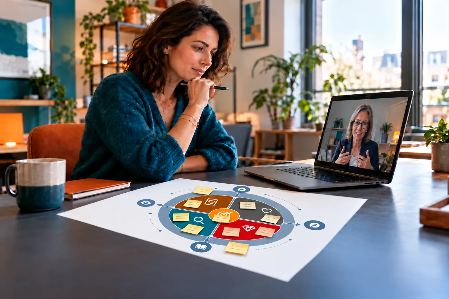 Illustration : une personne clarifie son sujet avec un conseiller en ligne et une carte de réflexion OpenEye.