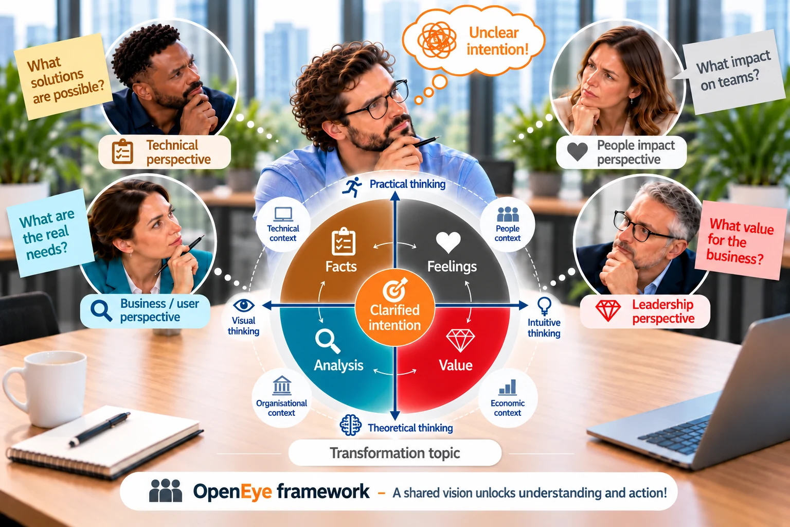 A professional starts with an unclear intention; OpenEye connects perspectives to clarify the intention and unlock understanding and action