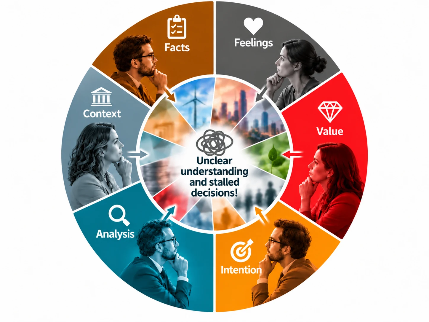 Six perspectives — Facts, Feelings, Value, Analysis, Intention and Context — converge towards unclear understanding and stalled decisions.